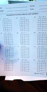 Function Table For Each Equation