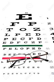 A Pair Of Reading Glasses On A Snellen Eye Exam Chart To Test
