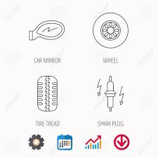 Wheel Car Mirror And Spark Plug Icons Tire Tread Linear Sign
