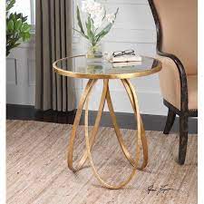 Round Glass Gold Oval Base End Table