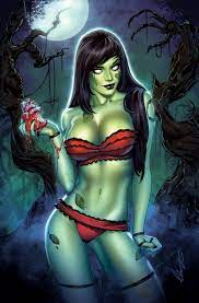 black hair female only green skin pose red underwear seductive  stockings white eyes zombie zombie girl zombie tramp 