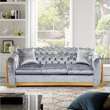 81 1 In Wide Rolled Arm Velvet Modern Rectangle 3 Seater Chesterfield Sofa Tufted Couch With Gold Stainless In Gray Grey