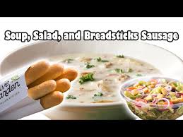 soup salad and breadsticks sausage