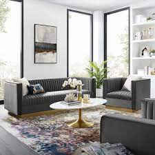 Velvet Sofa And Armchair Set Gray By Modway