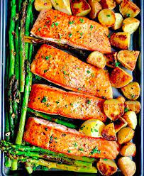 Garlic Butter Baked Salmon With Potatoes And Asparagus gambar png