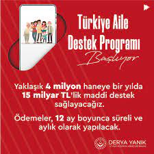 Derya Yanık on Twitter: "12 ay süreyle ödenecek olan, gelir durumuna göre  yıllık 5.400 - 7.200 TL maddi yardımdan daha önce hiç sosyal yardım almamış  vatandaşlarımız da faydalanabilecek. Türkiye Aile Destek Programı'na