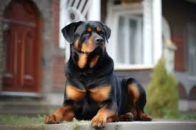rottweiler dog in front of a house