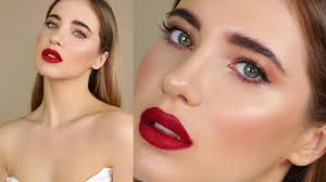 natural glow makeup and red lipstick