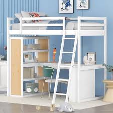 Harper Bright Designs White Twin Wooden Loft Bed With Shelves Desk Drawer And Ladder
