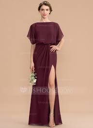 Sheath Column Scoop Neck Floor Length Chiffon Bridesmaid Dress With Ruffle Split Front 266203989