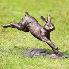 rabbit running garden statue metal