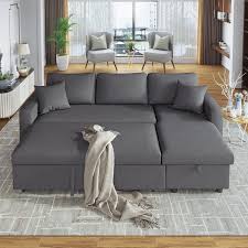 J E Home 85 In W Gray Polyester Fabric Full Size 3 Seats Reversible Sectional Sofa Bed With Storage