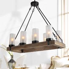 Lnc Farmhouse Kitchen Linear Wood Chandelier 8 Light Black Island Pendant With Rusty Metal Finish And Frosted Glass Shades A02988 The Home Depot
