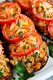 fried eggplant with rice and tomatoes