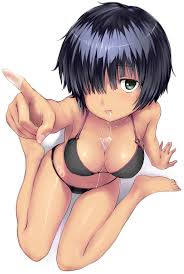 shouin, urabe mikoto, nazo no kanojo x, highres, 1girl, arm support,  barefoot, bikini, black bikini, black hair, breasts, bust cup, cleavage,  drooling, feet, foreshortening, from above, full body, green eyes, hair over