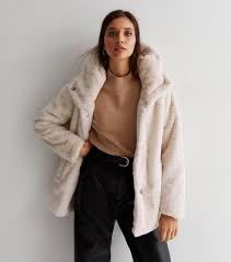 Cream Faux Fur Hooded Coat New Look