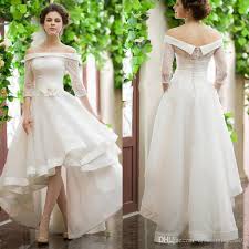 Vintage High Low Wedding Dresses Mini Short Wedding Dresses Off Shoulder Half Sleeve Flower Belt Short Frong Long Back Bridal Gowns Custom