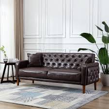 Kinwell 78 In Wide Square Arm Faux Leather Mid Century Modern Straight Tufted Sofa With Pillows In Brown