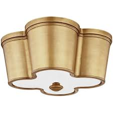 Fifth And Main Undefined Aged Brass Clover 2 Light 14 Wide Hand Worked Iron Flush Mount Ceiling Fixture With White Diffuser Lightingshowplace Com