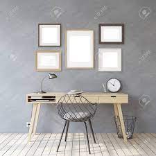 Desk picture frame design resources · high quality aesthetic backgrounds and wallpapers, vector illustrations, photos, pngs, mockups, templates and art. Home Office Interior And Frame Mockup Wooden Desk Near Gray Stock Photo Picture And Royalty Free Image Image 121679392