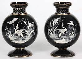 Lot Pr Black Amethyst Glass Enamel Vases