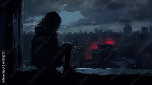 lonely anime looking at the city