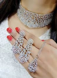 silver cz american diamond necklace set