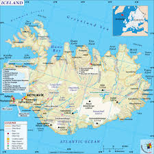 The map shows earth relief, all cities, some urban villages, rivers, lakes, mountains, islands, glaciers, bays, highways, motorways. Iceland Map