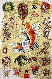 Buyartforless Ed Hardy Japanese Chart 36x24 Tattoo Art Print Poster Roses Flowers Skulls Koi Fish Hidden Images