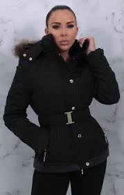 Black Belted Padded Faux Fur Hooded