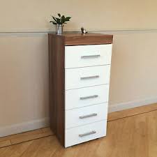The white laminate construction adds brightness to your decor, and the pewter drawer pulls add a rich accent. White Walnut Tall Boy Chest Of 5 Drawers Bedroom Furniture Narrow Slim Draw 757901543357 Ebay