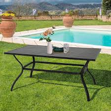 Rectangle Metal Slat Outdoor Dining Table With Umbrella Hole