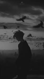 sad emotional sad anime boy with crows