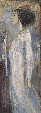 Modern Magyar Festmények - GULÁCSY LAJOS (1882-1932) Nő gyertyával, 1910-es  évek Olaj, karton, 73x26,5 cm Japános formájú, hosszúkás vásznon profilból,  gyertyát tartó nőalak látható. Gulácsy a divatos szecessziós arcképekkel  szemben nem portrét