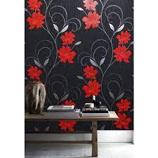 Great idea to make to compliment your bedspread. Flower Floral Textured Wallpaper Beautifully Finished Floral Patterned Wallpaper In Black Red Black And Grey Wallpaper Red Flower Wallpaper Floral Wallpaper