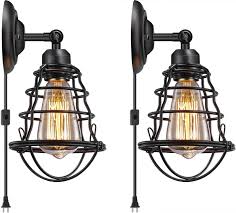 Industrial Plug In Wall Light E26 Base Edison Wire Cage Style Vintage Wall Lights With 5 9ft Adjustable Plug In Cord Rustic Wall Sconce Fixture For Headboard Bedroom Porch Bathroom 2 Pack
