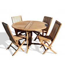 Barcelona 47 Round Drop Leaf Teak Table W 4 Java Teak Folding Chairs