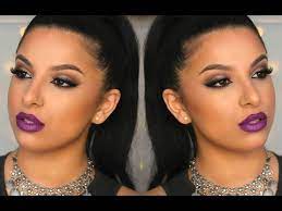 neutral smokey eyes bold purple lips