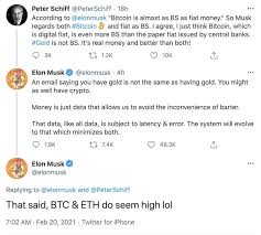 While bitcoin's growth comes as a consequence of it being mentioned by elon musk, eth grew in correlation; Elon Musk Admits That Bitcoin And Ethereum Seem High In Exchange With Gold Bug Peter Schiff Currency News Financial And Business News Markets Insider