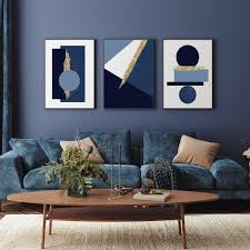 Set Of 3 Blue And Gold Wall Art Blue