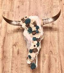 Real Cow Skull With Wood Flowers Real