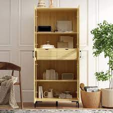 Fufu Gaga 70 9 In Tall Yellow Wooden Grain 4 Shelves Standard Bookcase With 2 Drawers And Glass Doors