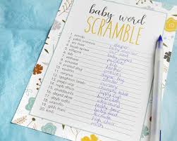 Scramble the letters of several baby items and have the guests unscramble. 50 Baby Shower Game Sheets And 2 Answer Key Word Scramble Party Games For B Baby Shower Party Favors Graduation Party Photo Booth Bachelorette Party Supplies