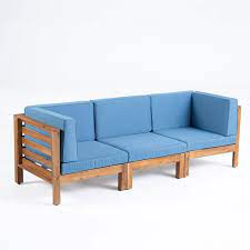 Wood Outdoor Sofa With Blue Cushions