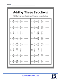 adding 3 fractions worksheets 15