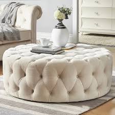 An exceptionally versatile and attractive complement to a transitional living room, this round ottoman with casters can replace a coffee table centerpiece. Tufted Ottoman Beige Velvet Ottoman Coffee Table Tufted Cocktail Ottoman Round Ottoman Pouf Small