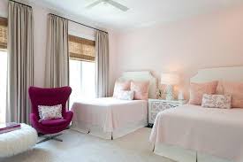 pink girls bedroom with gray curtains