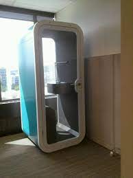 Nautilus is an office phone booth upholstered in an acoustic fabric. This Phone Booth Was Just Installed In My Mom S Office There S No Phone It S Just A Soundproof Box For Using Your Cell Phone Pics