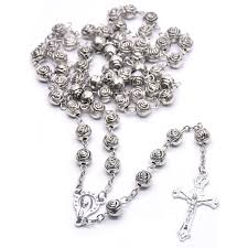 silver rose for cross prayer rosary