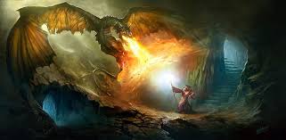 Сражение мага и дракона в пещере | Обои для телефона